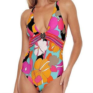 🆕️2023 Trina Turk Multicolor Gemini Medallion One Piece Plunge Maillot Swimsuit